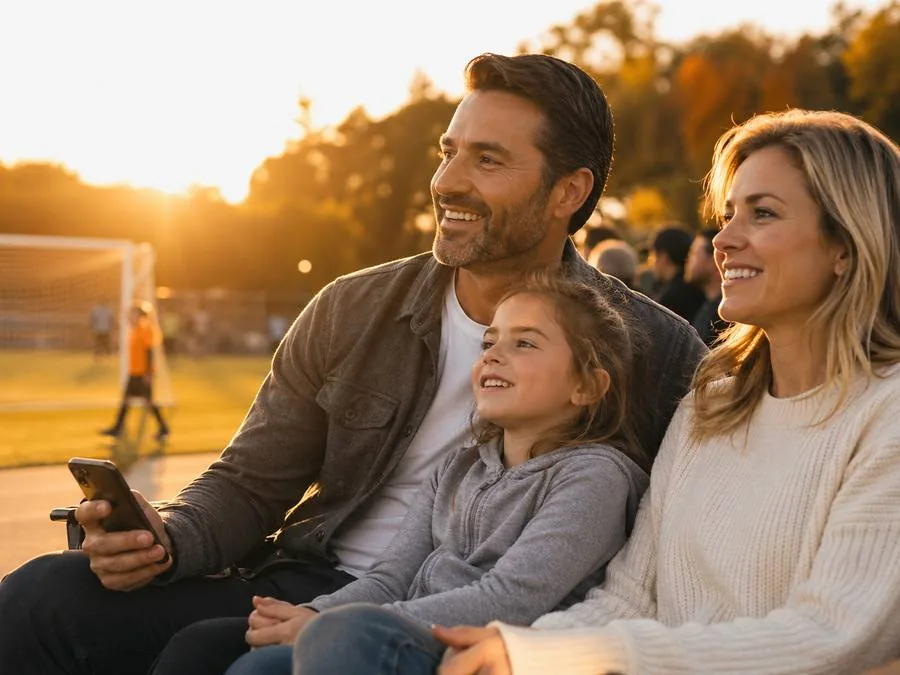 Home service business owner spending time with family at soccer game